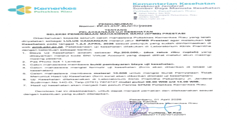 PENGUMUMAN UJI KESEHATAN LULUS CADANGAN SPMB PRESTASI