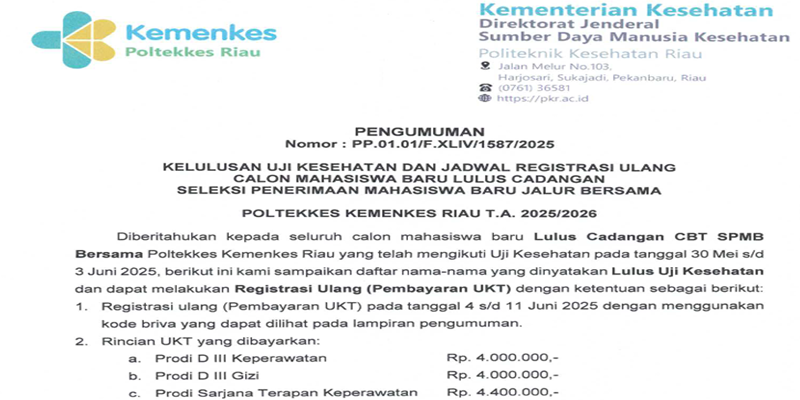Pengumuman Kelulusan Ujian Kesehatan & Jadwal Registrasi Ulang Calon Mahasiswa Baru Lulus Cadangan Seleksi Penerimaan Mahasiswa Baru Jalur Bersama Poltekkes Kemenkes Riau T.A. 2025/2026