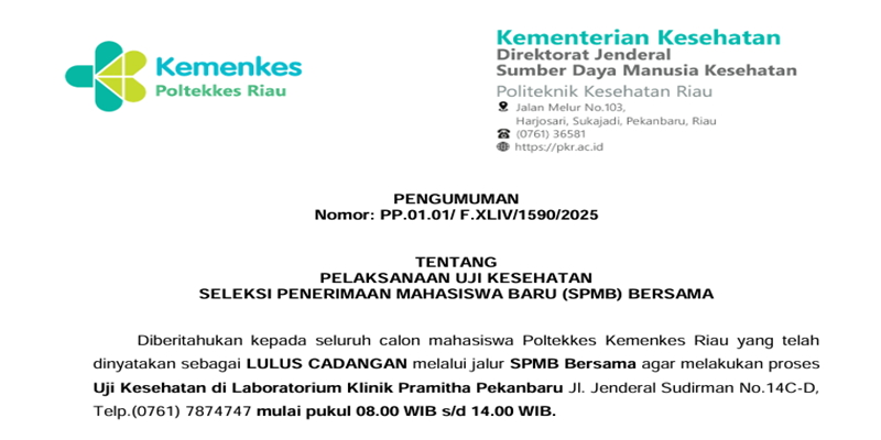 Pengumuman Pemanggilan Cadangan Tahap 2 SPMB Bersama Poltekkes Kemenkes Riau TA 2025/2026